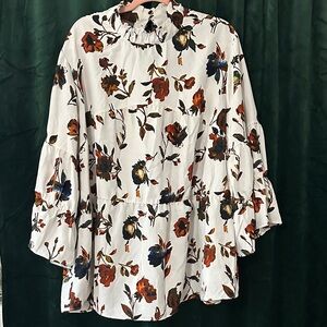 Floral Ruffle Neck Peasant Blouse - White with Rust & Navy Flowers